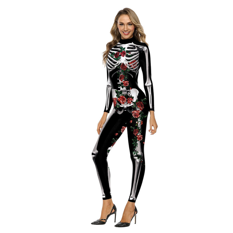 Halloween Party Jumpsuit Costume Skull And Rose Dress