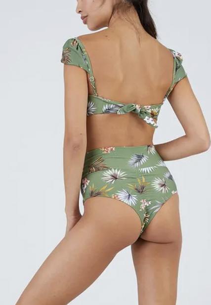 Cap Sleeve Bikini Top Plants On Green Print