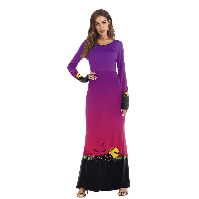 Halloween Party Long Dress Pumpkin Costume For Women And Girls