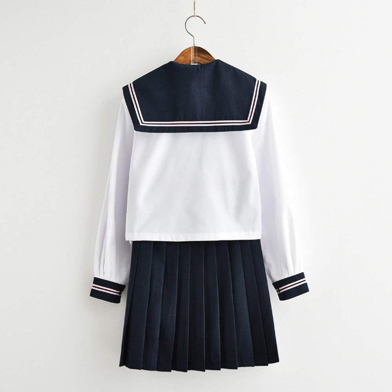 Blue Goldfish Knot Cherry White Sailor Suit Long Sleeve Jk Uniform Blue Skirt Full Set