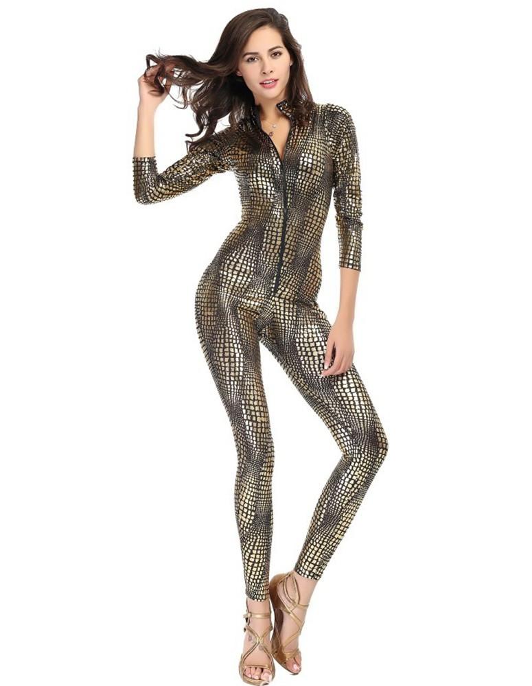 Snake-Skin Like Leather Tight Jumpsuit Catsuit Halloween Costume
