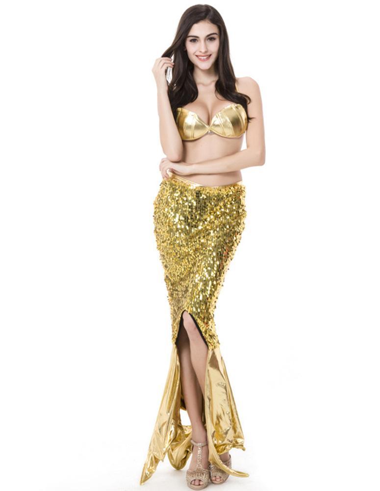 Gold Shell Bra Sequin Maxi Skirt Mermaid Halloween Stage Dance Costume