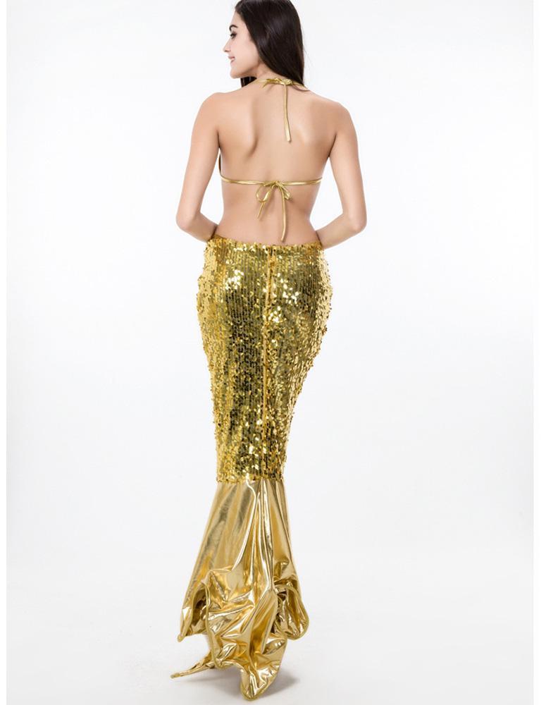 Gold Shell Bra Sequin Maxi Skirt Mermaid Halloween Stage Dance Costume