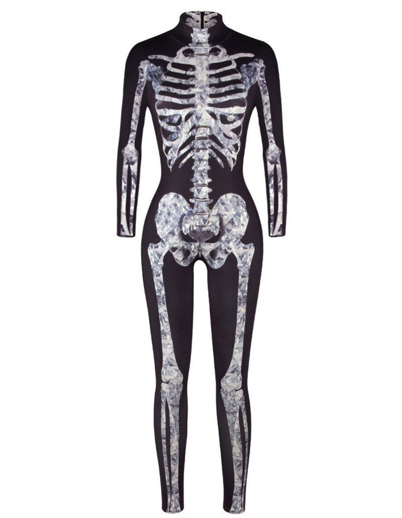 Skeleton Print Womens Halloween Catsuit Costume Party Jumpsuit