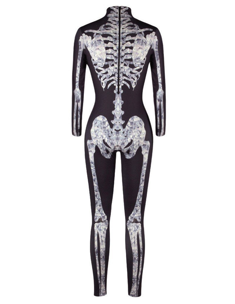 Skeleton Print Womens Halloween Catsuit Costume Party Jumpsuit