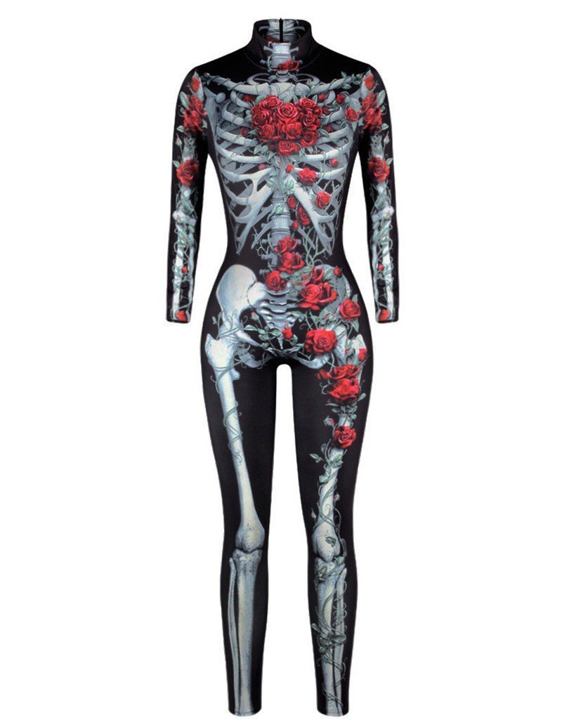 Rose Skeleton Print Halloween Costume Party Catsuit Jumpsuit