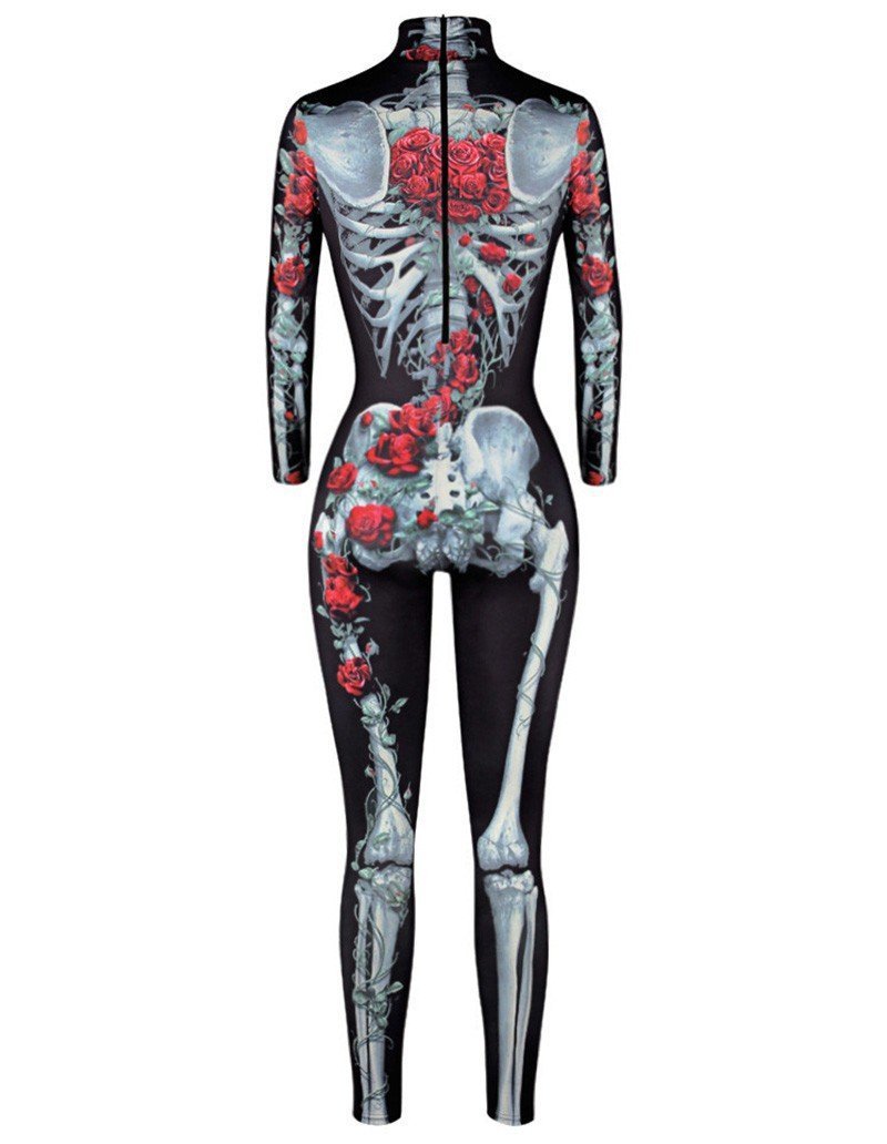 Rose Skeleton Print Halloween Costume Party Catsuit Jumpsuit