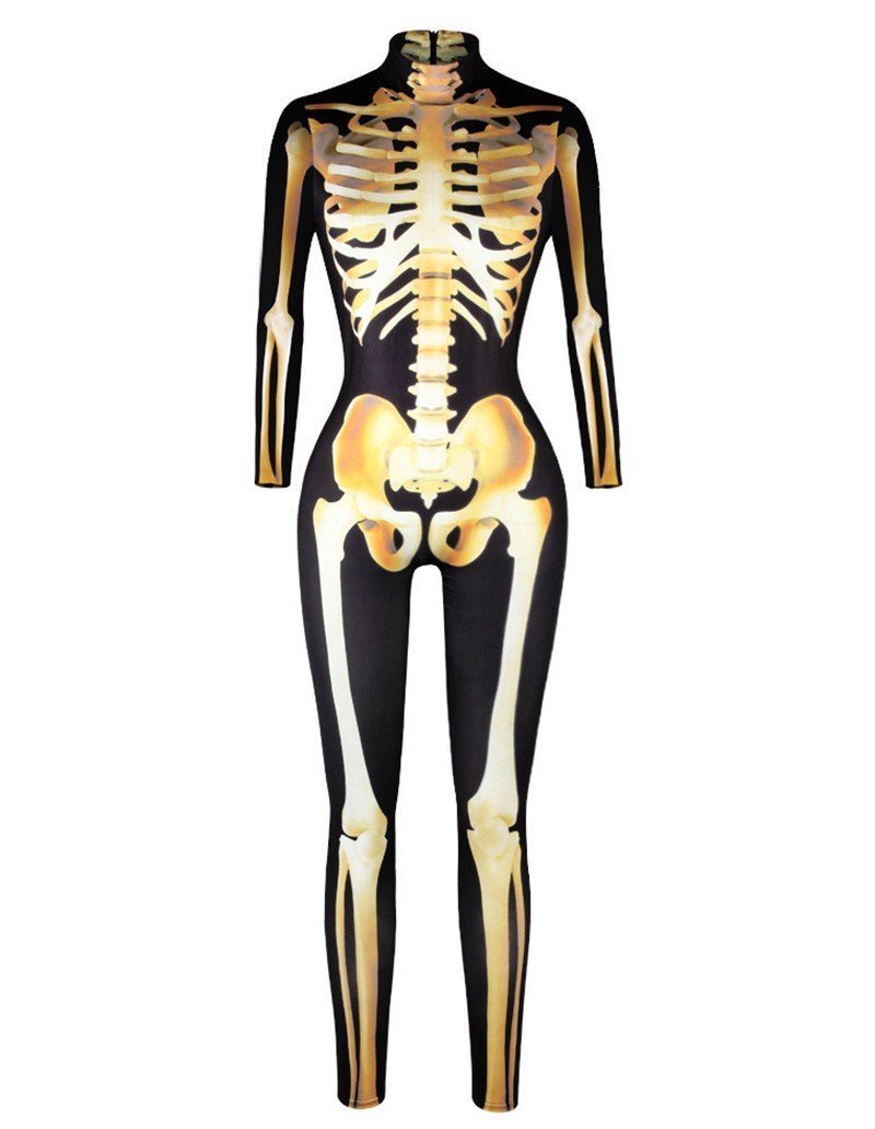 Gold Skeleton Print Halloween Costume Ball Catsuit Jumpsuit