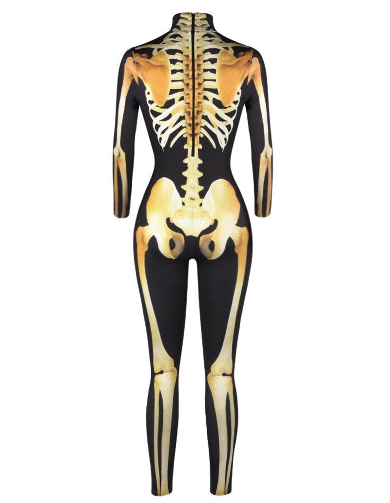 Gold Skeleton Print Halloween Costume Ball Catsuit Jumpsuit