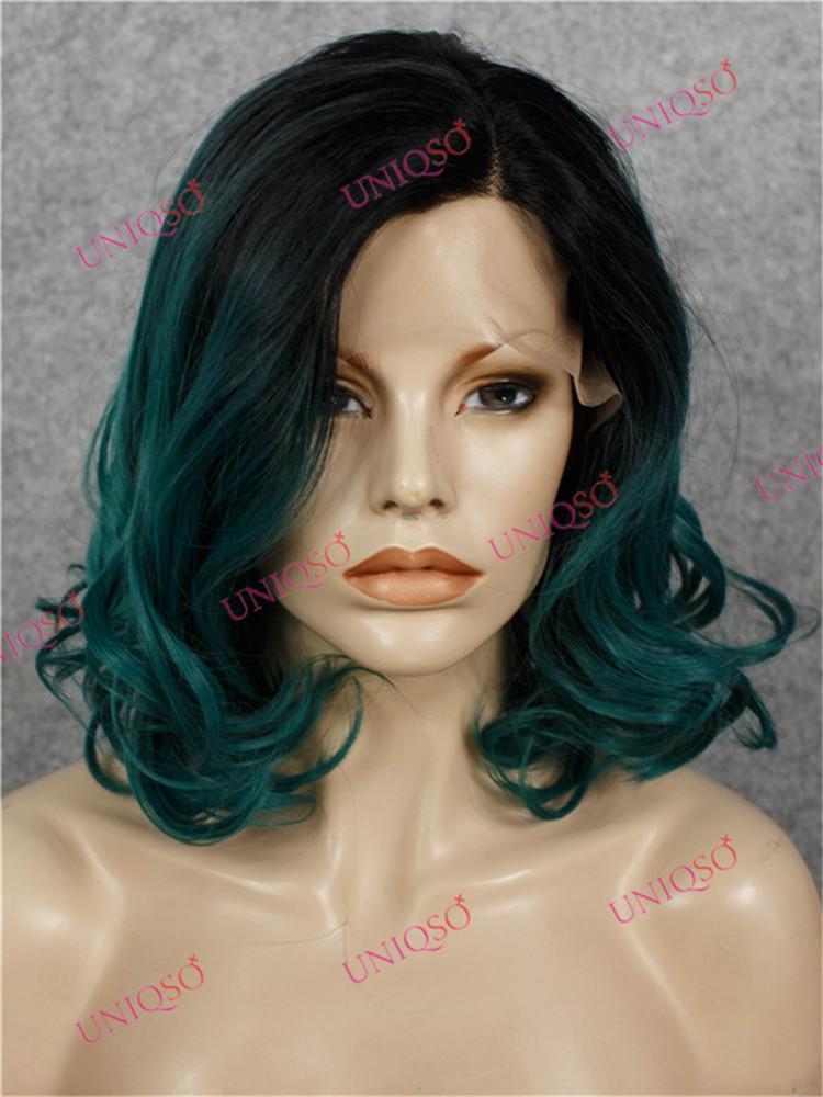 Premium Wig - Black Roots to Teal Green Curly Lace Bob Wig