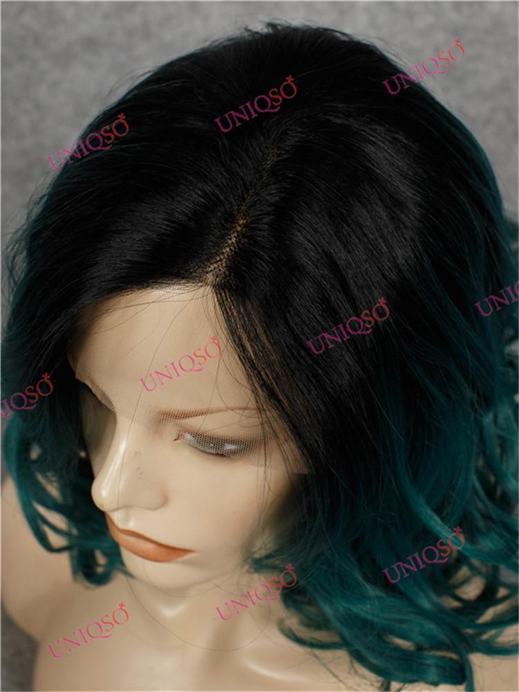Premium Wig - Black Roots to Teal Green Curly Lace Bob Wig